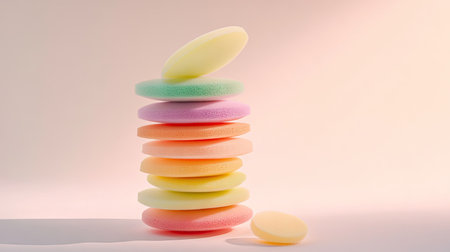 Stack of makeup sponges in a rainbow gradient, showing a variety of shapes and colors on a light backgroundの素材