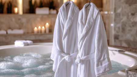 Plush white bathrobes hanging near a luxurious whirlpool with bubbling water, candles in the backgroundの素材