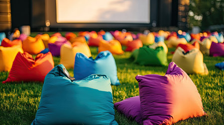 Rows of brightly colored bean bags on grass, facing a large cinema screen, ready for evening showの素材