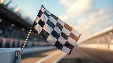 A checkered flag hanging over the edge of a race podium, highlighting the celebration of victory.の素材