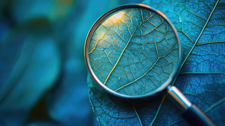 Magnifying glass revealing the fine details on a leaf's texture, set against a vibrant nature backgroundの素材