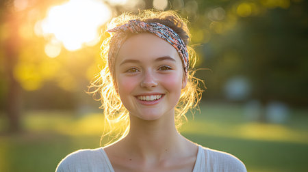 Smiling young woman wearing a stylish headband, standing in a park during golden hour. Green trees and sunlight in the backgroundの素材