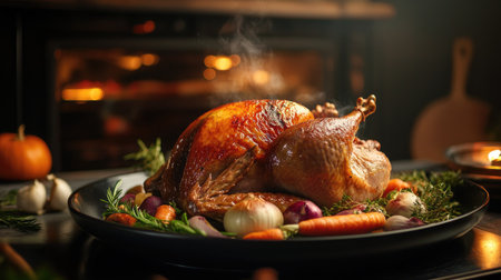Whole roasted turkey cooking in an oven, perfectly browned with carrots, onions, and herbs aroundの素材