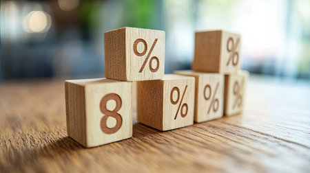 Wooden cubes with percent signs balanced in a row, symbolizing stability and financial planningの素材