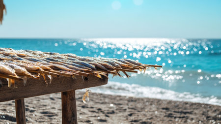 Wooden rack covered in drying fish on the sand, with sparkling ocean waves beyondの素材