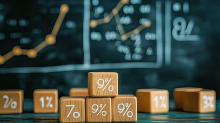 Wooden cubes with percent symbols in front of a chalkboard with graphs and equations, representing educationの素材