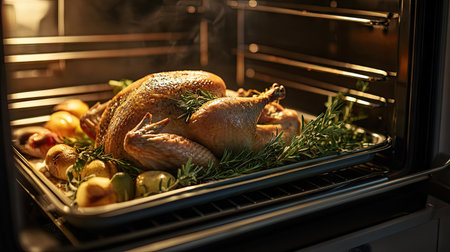 Whole roast turkey cooking in an open oven, with fresh rosemary and thyme sprigs on the trayの素材