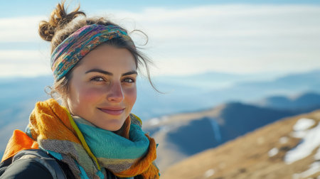 Woman wearing headband and colorful scarf, enjoying a scenic mountain hike with breathtaking views in the backgroundの素材