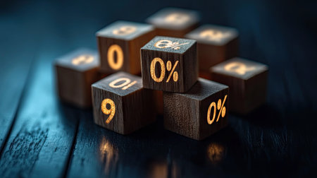 Wooden cubes with percent symbols set against a dark background, illuminated with dramatic lightingの素材