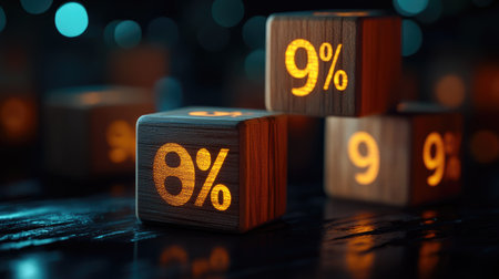 Wooden cubes with percent symbols set against a dark background, illuminated with dramatic lightingの素材