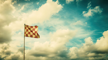 A checkered flag against a cloudy sky, symbolizing the anticipation of a race ending moment.の素材