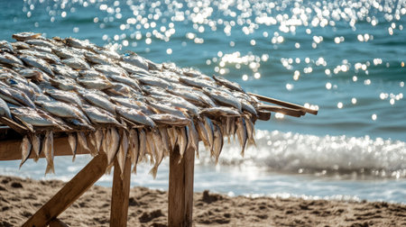 Wooden rack covered in drying fish on the sand, with sparkling ocean waves beyondの素材