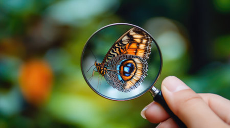Magnifying glass held over a butterfly wing, enlarging intricate patterns and colors against a nature backgroundの素材