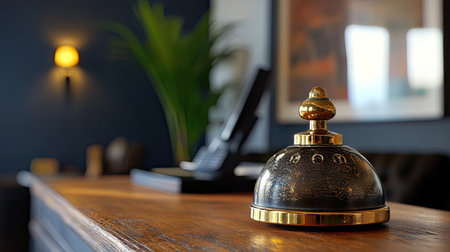 A classic service bell on a vintage wooden desk, evoking an old-fashioned hotel ambiance.の素材