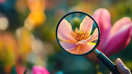 Magnifying glass held over a flower petal, enhancing texture and color details, with blurred garden backgroundの素材