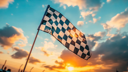 A checkered flag held high, fluttering in the wind with a sunset sky, capturing the end of a race.の素材