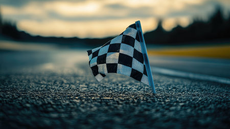 A checkered flag resting on a racetrack asphalt, signifying the calm after a race.の素材