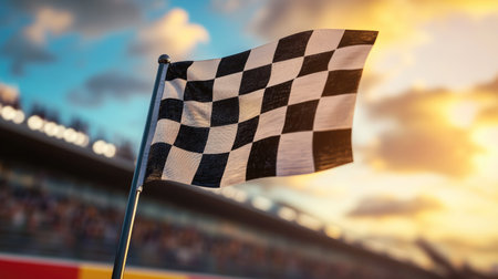 A checkered flag hanging over the edge of a race podium, highlighting the celebration of victory.の素材