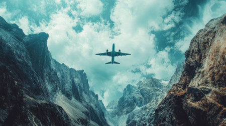 Airplane flying above a mountain range as seen from below, with the peaks framing the sky. Scenic and adventurous toneの素材