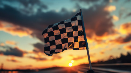 A checkered flag held high, fluttering in the wind with a sunset sky, capturing the end of a race.の素材