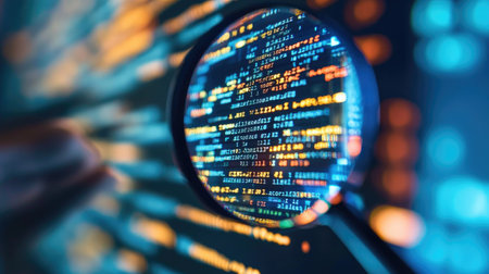 Magnifying glass held over a computer screen, enlarging pixel details on a website's codeの素材