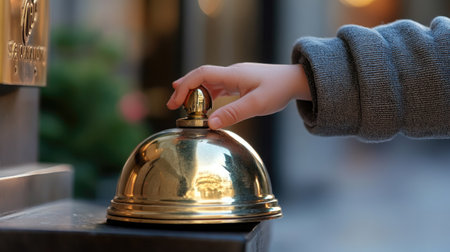 A child's hand reaching to press a service bell, representing curiosity and welcoming environments.の素材