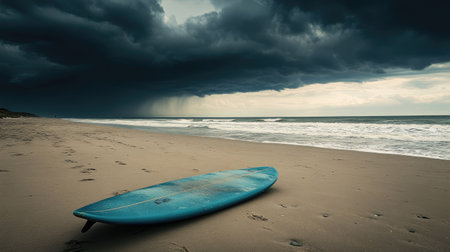A single surfboard resting on a deserted beach with storm clouds gathering in the distance. Dramatic, moody skyの素材