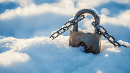 A padlock and chains in a snowy setting, emphasizing resilience and protection in extreme weather.の素材