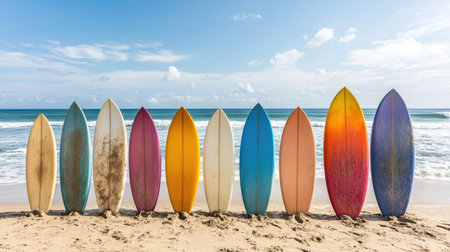 A row of colorful surfboards standing upright in the sand with the ocean waves in the background. Sunny day, vibrant atmosphereの素材