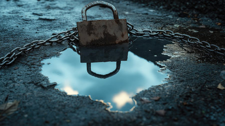 A padlock and chains reflecting in a puddle on the ground, showing duality and mystery in a gloomy setting.の素材