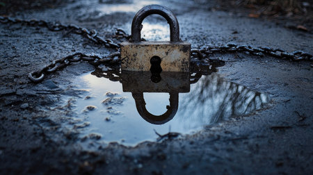 A padlock and chains reflecting in a puddle on the ground, showing duality and mystery in a gloomy setting.の素材