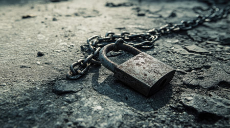 Broken padlock and chains lying on a rough ground, representing freedom or release in an urban setting.の素材