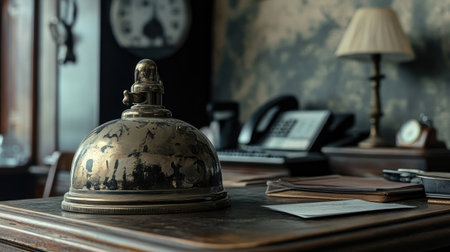 A worn, vintage service bell on an antique desk, evoking nostalgia for classic service traditions.の素材