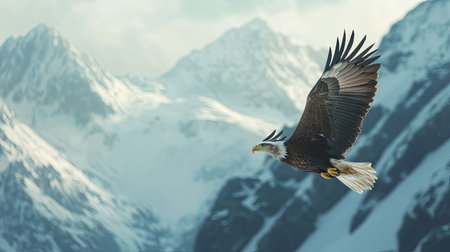 Bald eagle flying over a snowy landscape, with high mountain peaks framing the background. Majestic and pristine sceneの素材