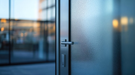 Close-up of a metal door frame with a frosted glass door slightly open, hinting at privacy.の素材