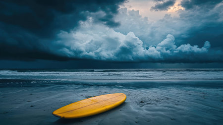 A single surfboard resting on a deserted beach with storm clouds gathering in the distance. Dramatic, moody skyの素材