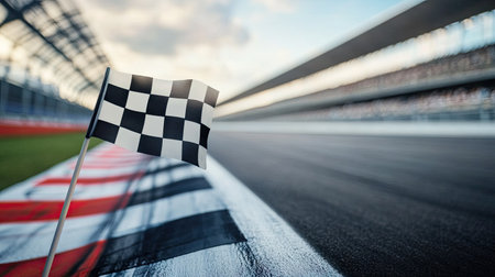 Checkered flag in focus with an empty racetrack stretching in the background, symbolizing anticipation.の素材