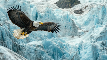 Bald eagle soaring over a glacier, with snow and ice glistening in the sunlight. Cold, pristine landscapeの素材