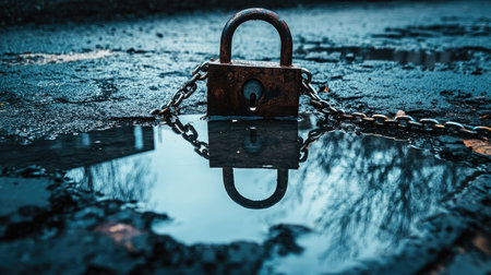 A padlock and chains reflecting in a puddle on the ground, showing duality and mystery in a gloomy setting.の素材