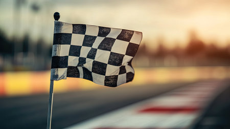 Checkered flag in focus with blurred racetrack in the background, representing the thrill of racing.の素材