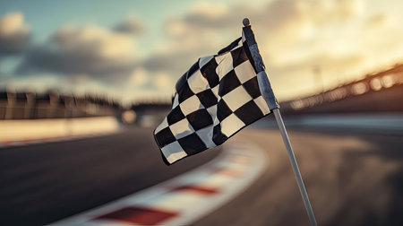 Checkered flag in focus with blurred racetrack in the background, representing the thrill of racing.の素材
