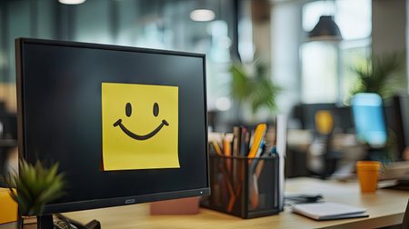 Bright yellow sticky note with a cheerful smiley face drawn on it, stuck to a computer monitor in an office. Positive and friendly vibeの素材