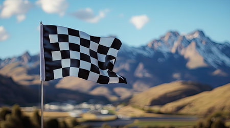 Checkered flag with mountains in the background, suggesting a scenic race event finale.の素材