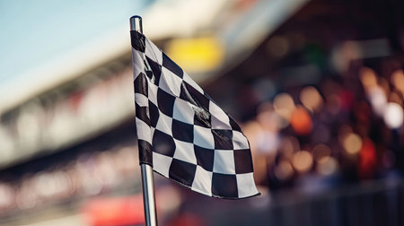 Checkered flag on a pole at a racing event, with spectators cheering in the blurred background.の素材