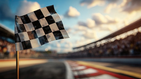 Checkered flag in focus against a blurred grandstand filled with cheering fans, celebrating the race's end.の素材
