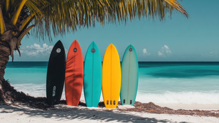 Brightly colored surfboards leaning against a palm tree on the beach, with turquoise ocean in the backgroundの素材