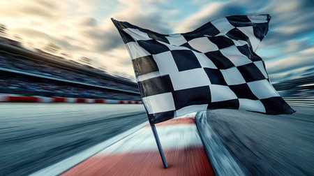 Checkered flag fluttering with a racetrack in the background, symbolizing the speed of competition.の素材