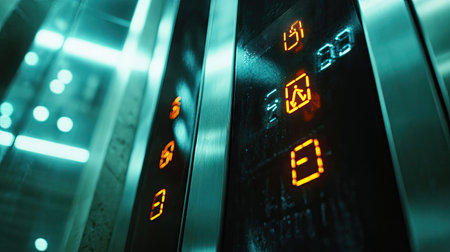 Close-up of an elevator LCD screen showing floor numbers and an illuminated button panel with sleek designの素材
