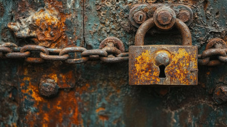 Close-up of a weathered padlock secured with heavy, rusty chains on an old metal gate, symbolizing security and protection.の素材