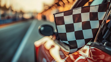 Close-up of a checkered flag hanging on a race car's window, symbolizing a hard-won victory.の素材